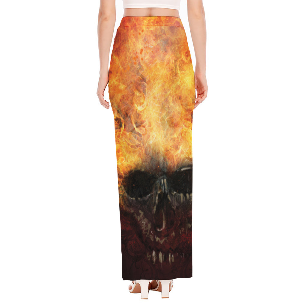 Flaming Demon Skull Print High Slit Maxi Skirt