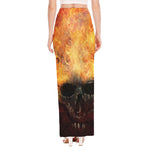 Flaming Demon Skull Print High Slit Maxi Skirt