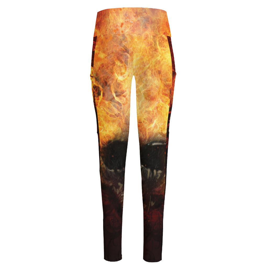 Flaming Demon Skull Print High-Waisted Pocket Leggings