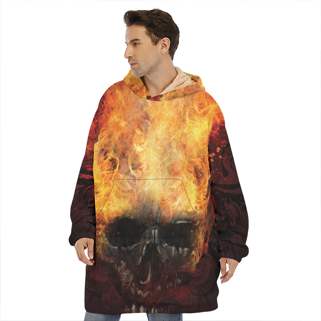 Flaming Demon Skull Print Hoodie Blanket