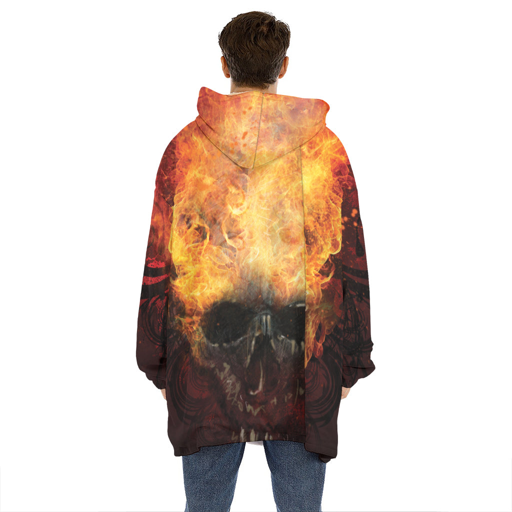 Flaming Demon Skull Print Hoodie Blanket