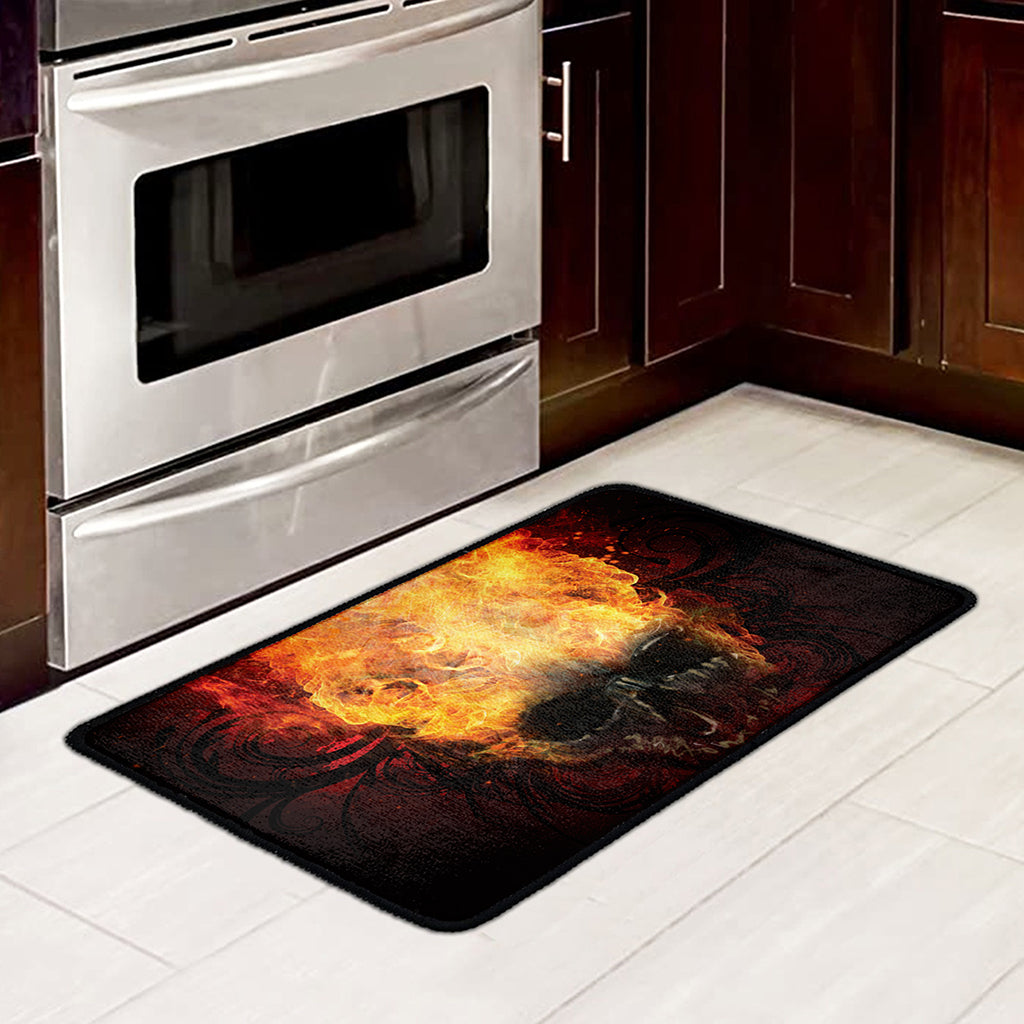 Flaming Demon Skull Print Kitchen Mat