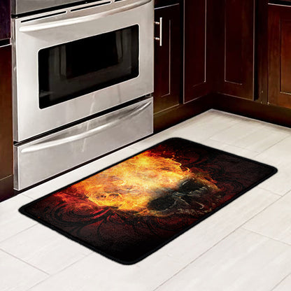 Flaming Demon Skull Print Kitchen Mat