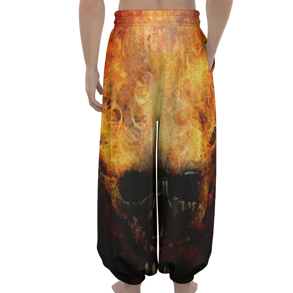 Flaming Demon Skull Print Lantern Pants