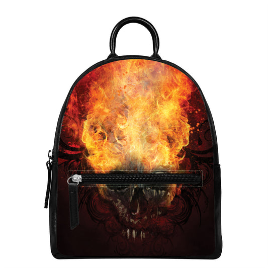Flaming Demon Skull Print Leather Backpack