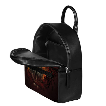 Flaming Demon Skull Print Leather Backpack