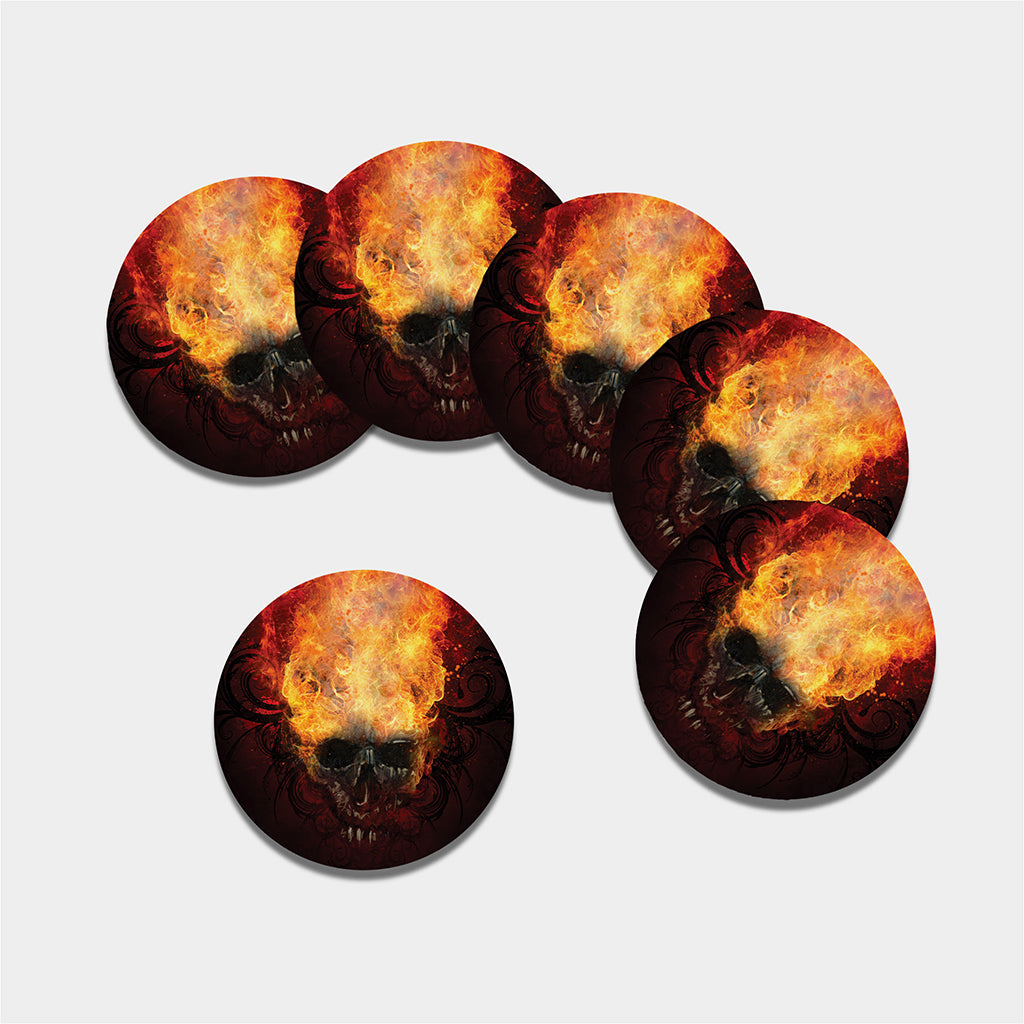 Flaming Demon Skull Print Leather Coaster Set