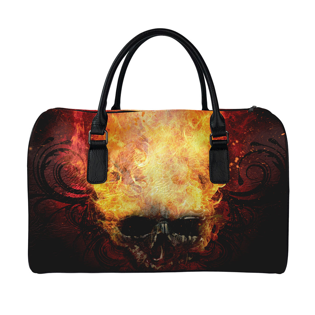 Flaming Demon Skull Print Leather Duffle Bag