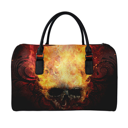 Flaming Demon Skull Print Leather Duffle Bag