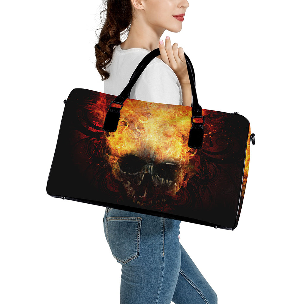 Flaming Demon Skull Print Leather Duffle Bag
