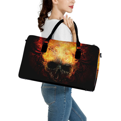 Flaming Demon Skull Print Leather Duffle Bag