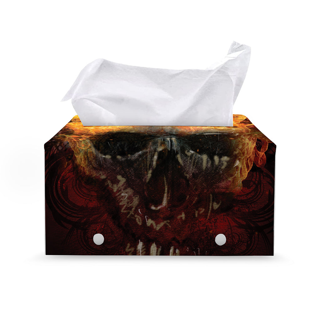 Flaming Demon Skull Print Leather Tissue Box Cover