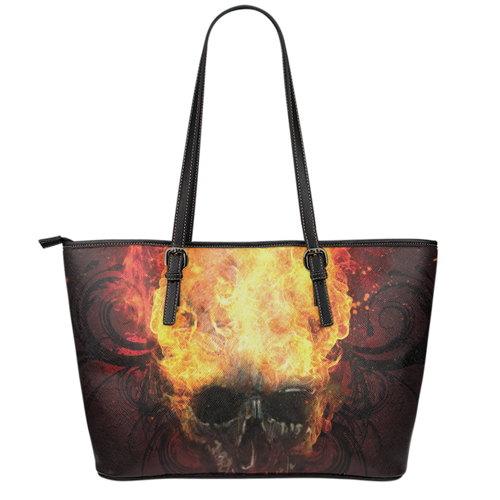 Flaming Demon Skull Print Leather Tote Bag