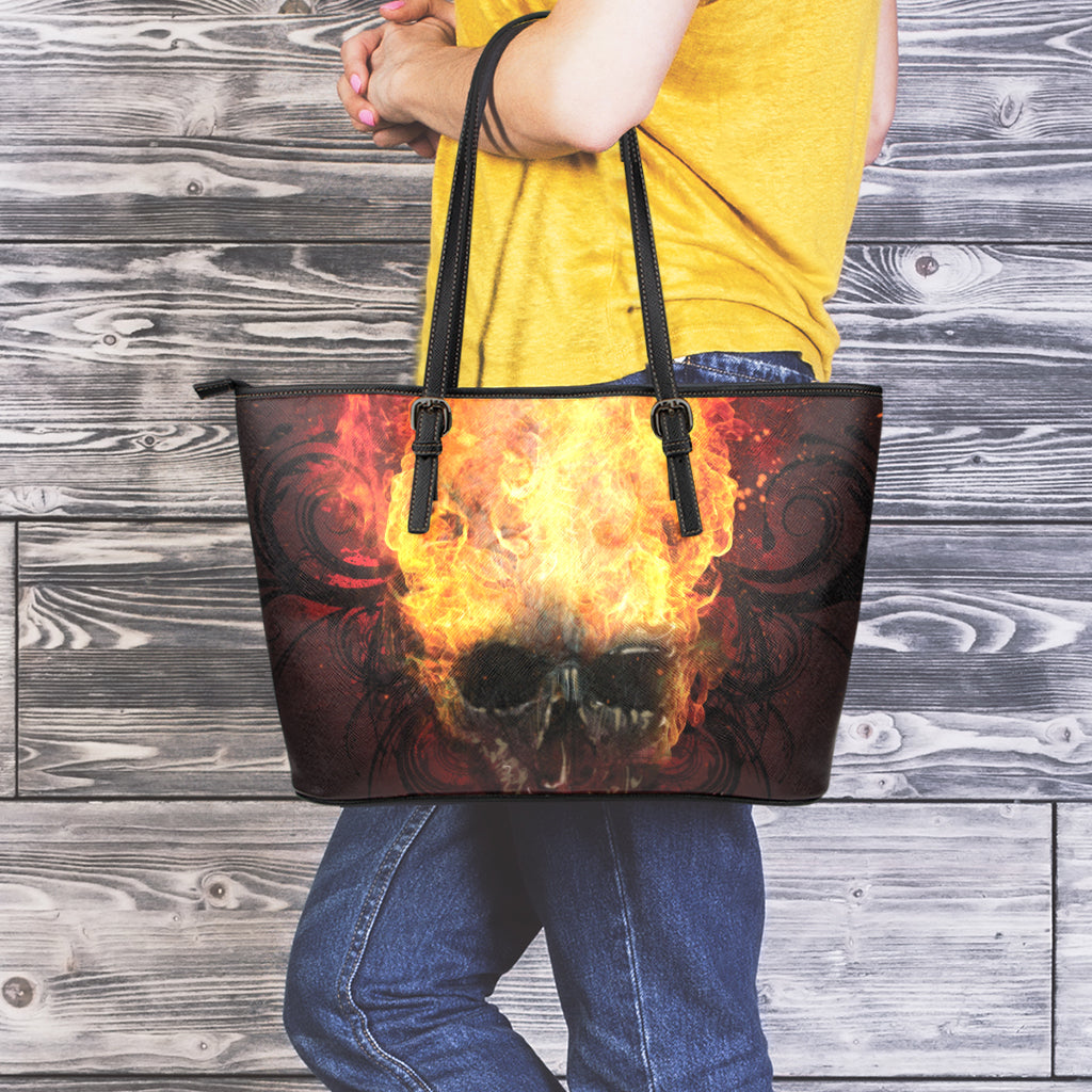 Flaming Demon Skull Print Leather Tote Bag