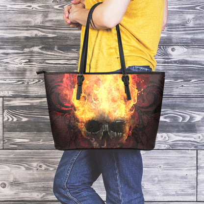Flaming Demon Skull Print Leather Tote Bag