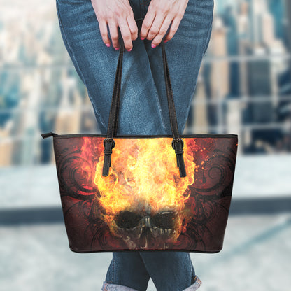 Flaming Demon Skull Print Leather Tote Bag