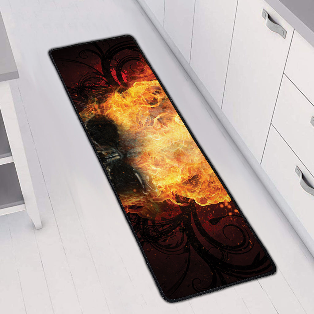 Flaming Demon Skull Print Long Kitchen Mat