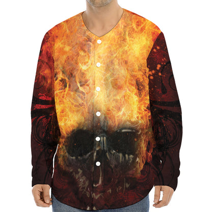 Flaming Demon Skull Print Long Sleeve Baseball Jersey