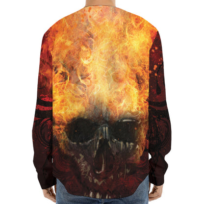 Flaming Demon Skull Print Long Sleeve Baseball Jersey