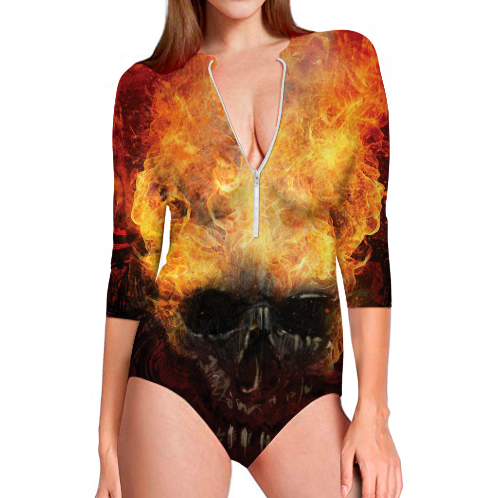 Flaming Demon Skull Print Long Sleeve Swimsuit