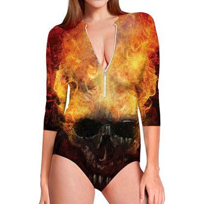 Flaming Demon Skull Print Long Sleeve Swimsuit