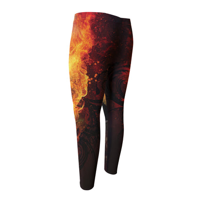 Flaming Demon Skull Print Men's Compression Pants