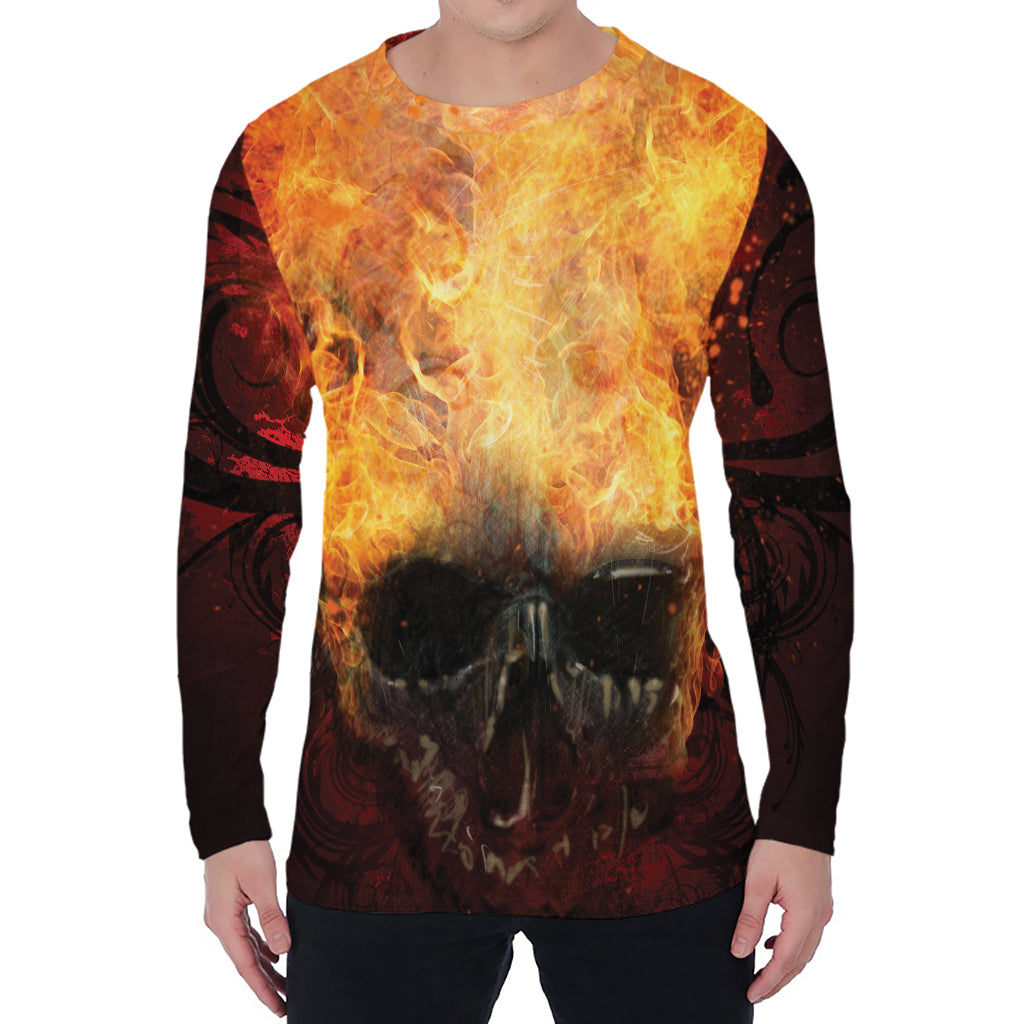 Flaming Demon Skull Print Men's Long Sleeve T-Shirt