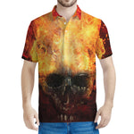 Flaming Demon Skull Print Men's Polo Shirt