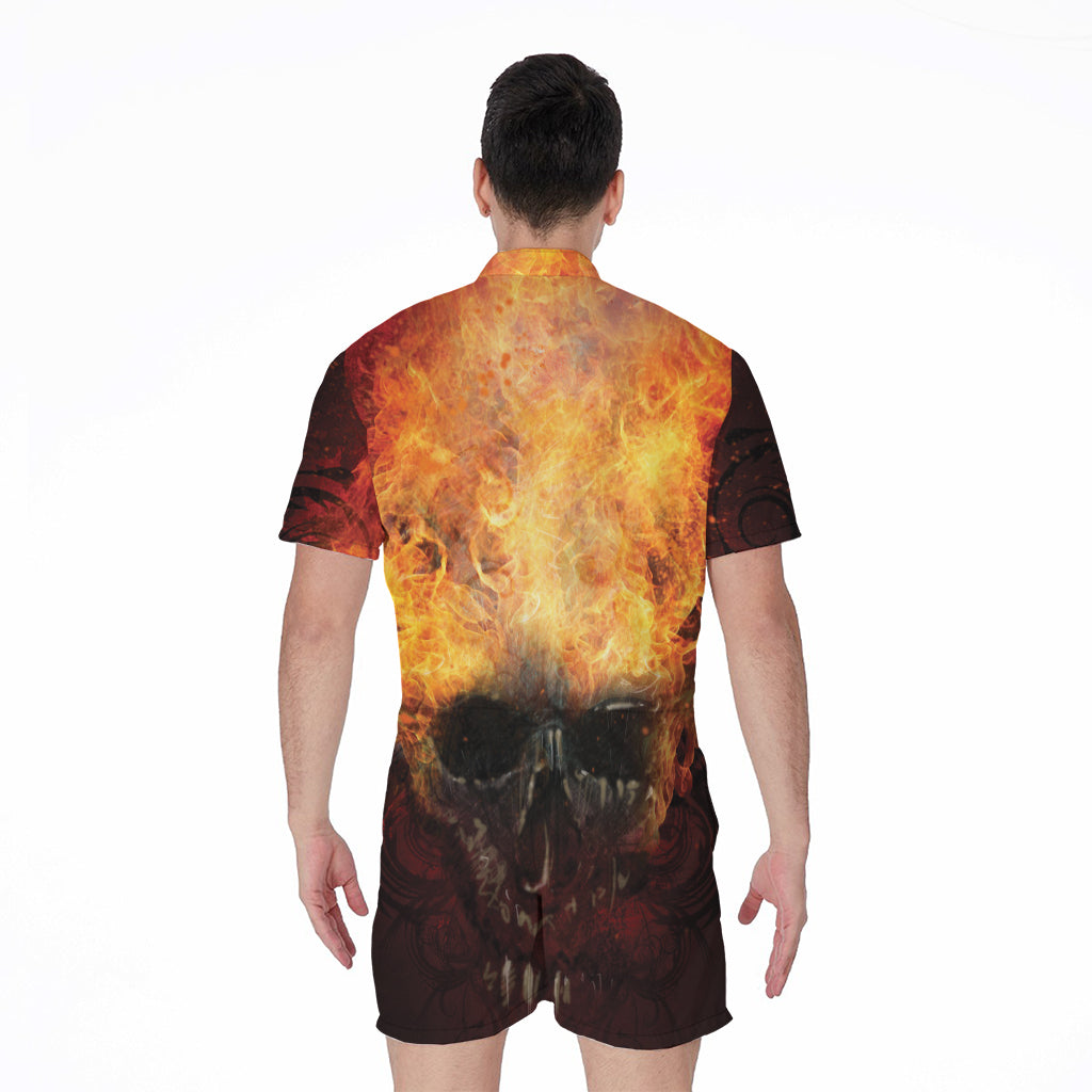 Flaming Demon Skull Print Men's Rompers