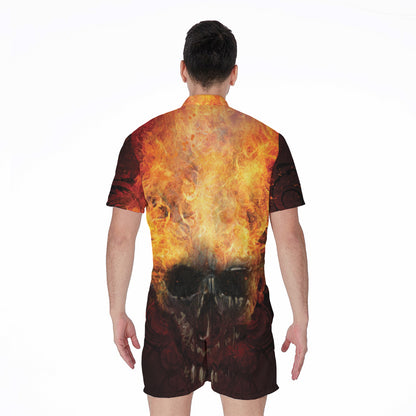 Flaming Demon Skull Print Men's Rompers
