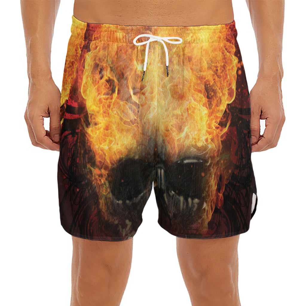 Flaming Demon Skull Print Men's Split Running Shorts