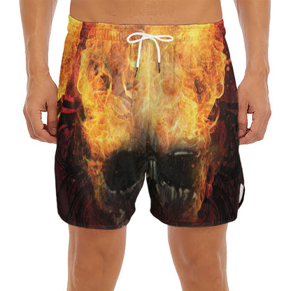 Flaming Demon Skull Print Men's Split Running Shorts