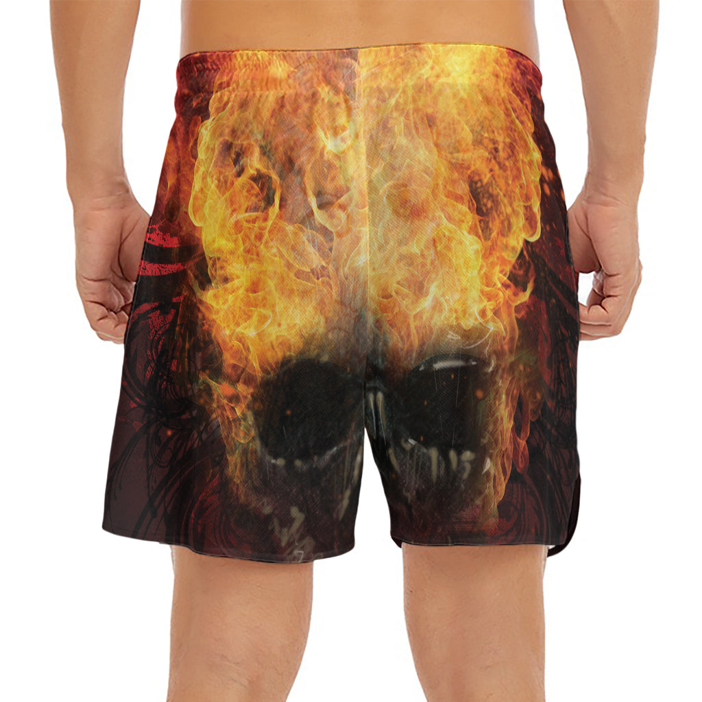 Flaming Demon Skull Print Men's Split Running Shorts