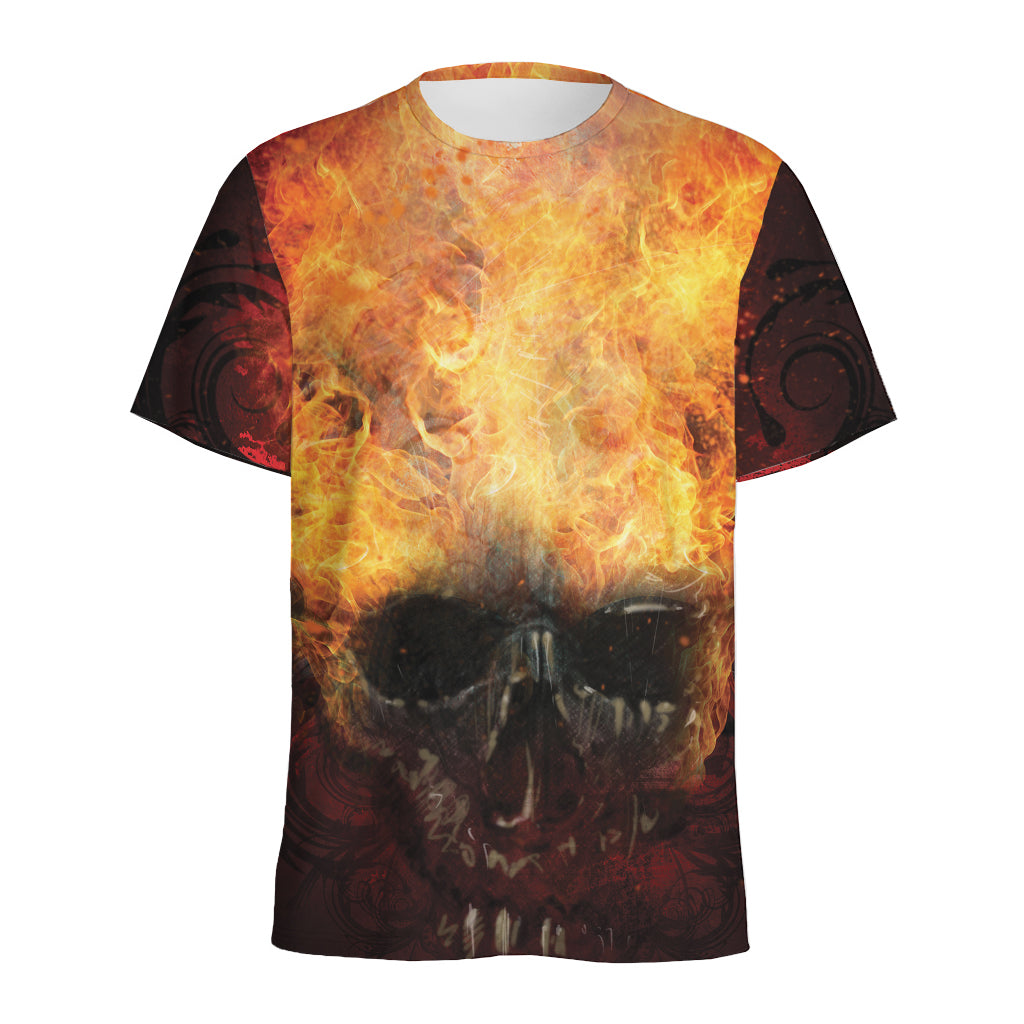 Flaming Demon Skull Print Men's Sports T-Shirt