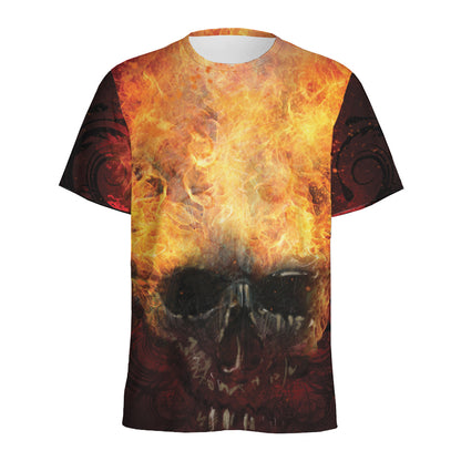 Flaming Demon Skull Print Men's Sports T-Shirt