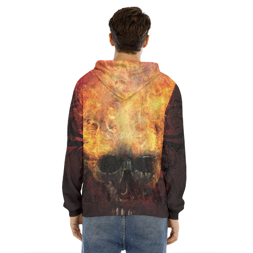 Flaming Demon Skull Print Men's Velvet Pullover Hoodie