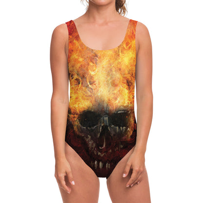 Flaming Demon Skull Print One Piece Swimsuit