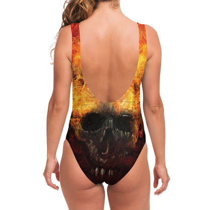 Flaming Demon Skull Print One Piece Swimsuit