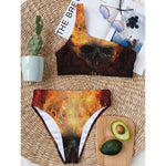 Flaming Demon Skull Print One Shoulder Bikini Top
