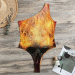 Flaming Demon Skull Print One Shoulder Bodysuit