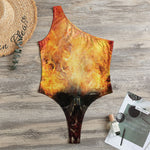 Flaming Demon Skull Print One Shoulder Bodysuit