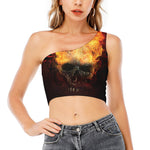 Flaming Demon Skull Print One Shoulder Crop Top