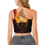 Flaming Demon Skull Print One Shoulder Crop Top