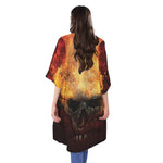 Flaming Demon Skull Print Open Front Beach Cover Up