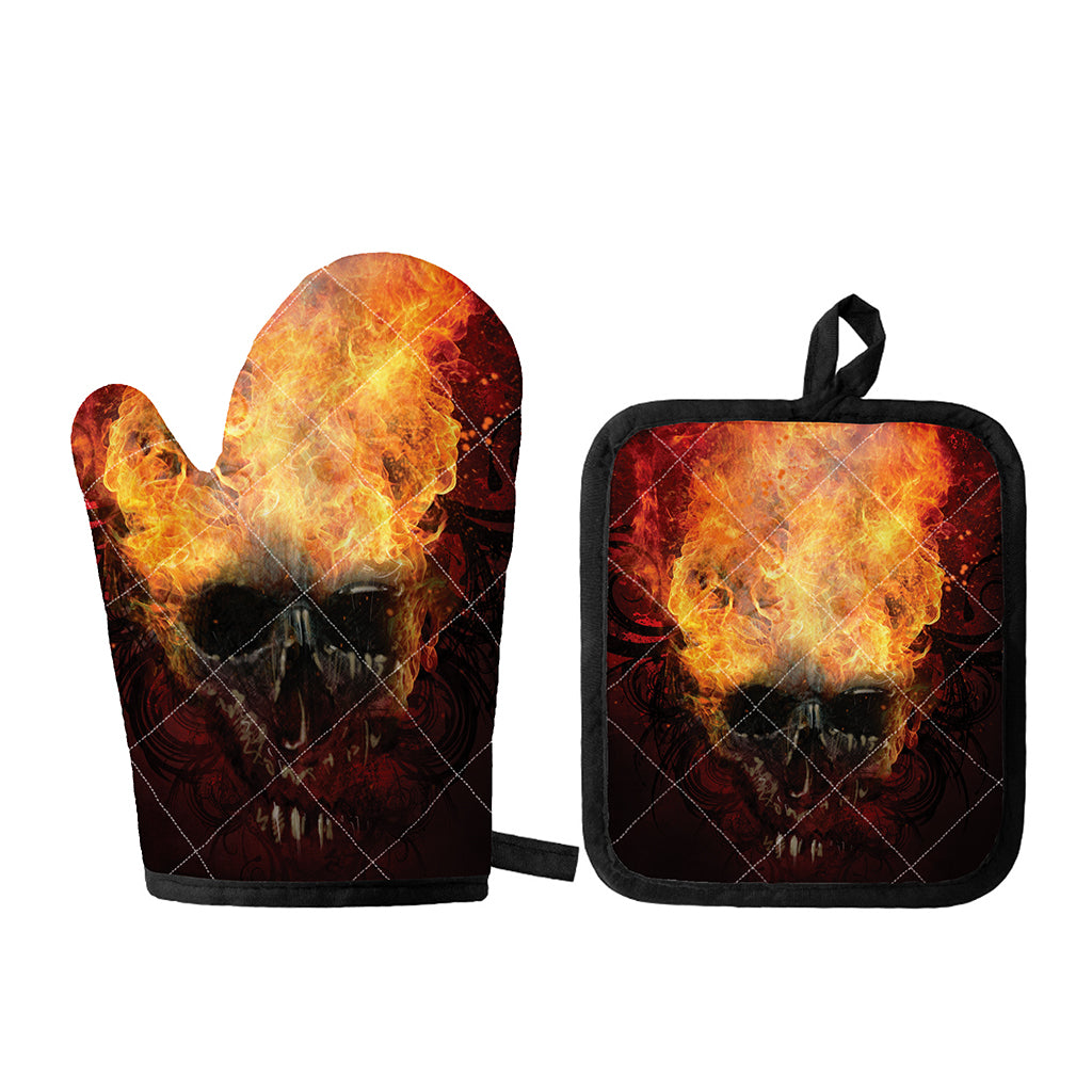 Flaming Demon Skull Print Oven Mitt And Pot Holder Set