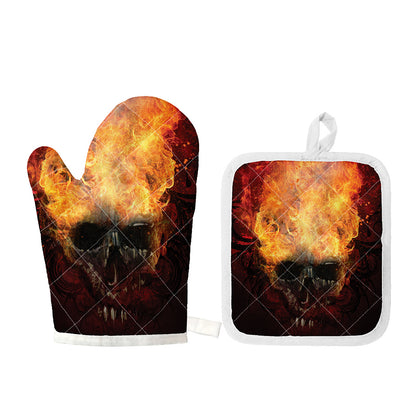 Flaming Demon Skull Print Oven Mitt And Pot Holder Set