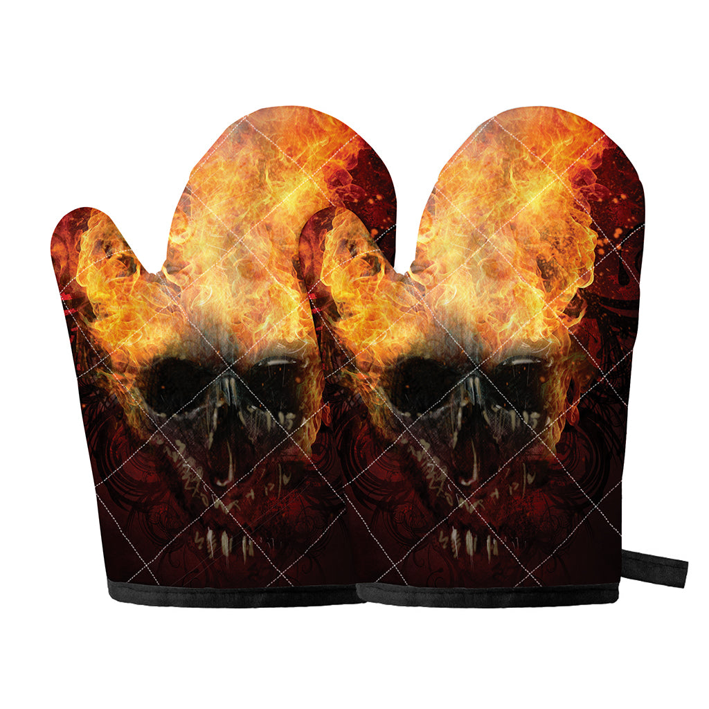 Flaming Demon Skull Print Oven Mitts