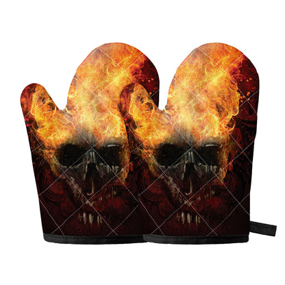 Flaming Demon Skull Print Oven Mitts