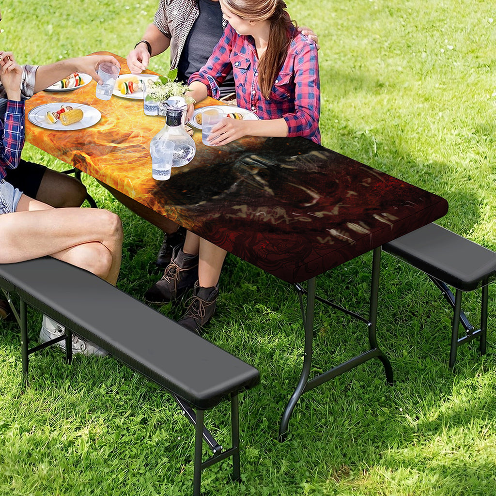 Flaming Demon Skull Print Picnic Table Cover