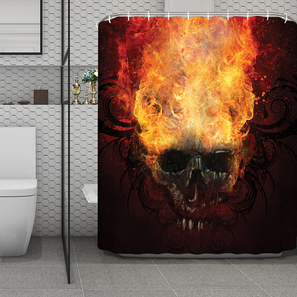 Flaming Demon Skull Print Polyester Shower Curtain